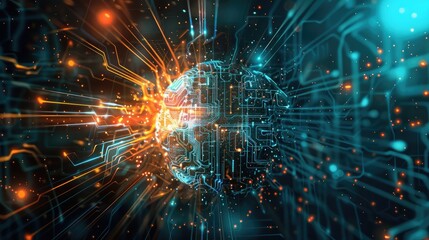 An abstract representation of artificial intelligence with data streams and circuits.