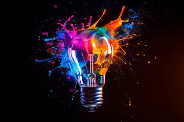 A colorful light bulb with vibrant flames of energy and color splashes, symbolizing creativity and innovation