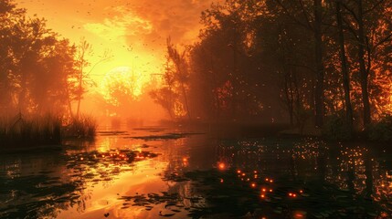 Sunset Over a Forest Lake.