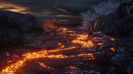 Molten Lava Flow at Sunset.