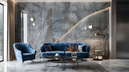 contemporary living room with an accent wall clad in stone, a velvet blue sofa, and a glass coffee table reflecting an elegant floor lamp