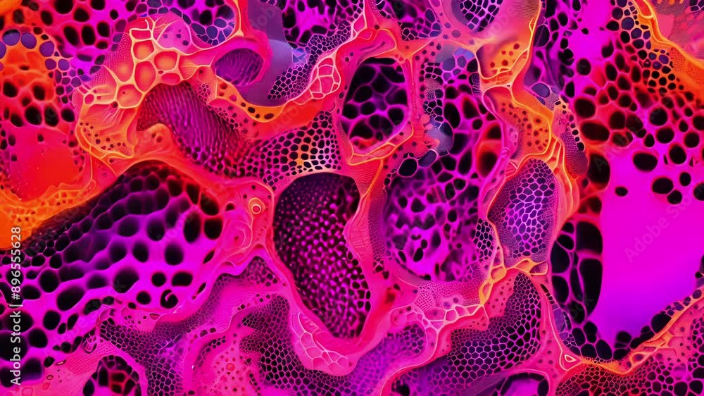 Poster an intricate design of overlapping interlocking patterns in shades of magenta and orange recalling t