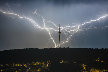 Flashes behind the television tower, Stuttgart, Baden-Württemberg, Germany, Europe