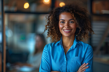 Fototapeta premium A portrait of an attractive young business woman with curly hair smiling and standing in the office, wearing a blue shirt while her team works behind