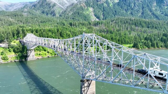 Aerial of Bridge of the Gods Over Columbia River in Cascade Locks Fly Over