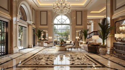 An elegant hotel lobby with an impressive chandelier hanging from high ceilings, polished marble floors, and a designer sofa in neutral tones