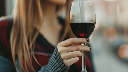 skinny, beautiful woman sips red wine, symbolizing elegance and indulgence. The close-up captures her refined taste, sophistication, and the allure of fine living. Perfect for luxury and lifestyle the
