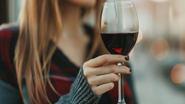 skinny, beautiful woman sips red wine, symbolizing elegance and indulgence. The close-up captures her refined taste, sophistication, and the allure of fine living. Perfect for luxury and lifestyle the
