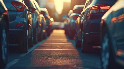 Rows of Parked Cars on Asphalt Under Sunset Light with Blurred Background. Peaceful Evening Scene with Neatly Aligned Vehicles in Urban Parking Lot.