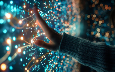Close up of human hand touching with finger digital connection concept.