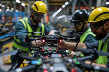 Factory assembly line where workers in safety gear and reflective vests are meticulously assembling drones, highlighting safety, precision, and cutting-edge technology in manufacturing.