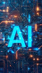 Capitalized letters 'AI' in the center with a futuristic circuit board, and glowing blue and orange lights. Artificial intelligence concept technology background design