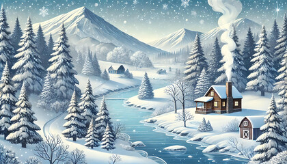 winter landscape with house and mountains