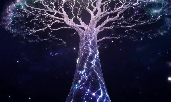 Mystical, shining, shamanic world tree on a cosmic background