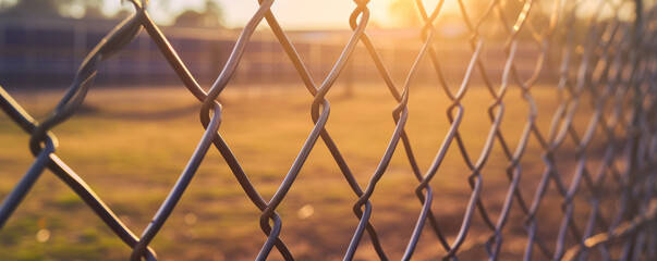 Naklejka premium Chain link fence with sunset background, urban scene