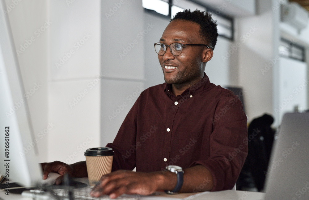 Poster happy, black man and typing at desk with computer for research, email and communication. business, t