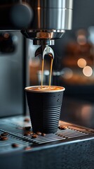 A black coffee cup is being filled with fresh espresso from a modern coffee machine.
