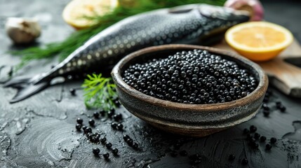 Healthy meal with black caviar sturgeon and fresh stellate sturgeon on rustic background