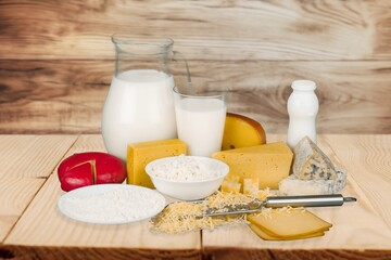 A fresh tasty dairy products milk and cheese