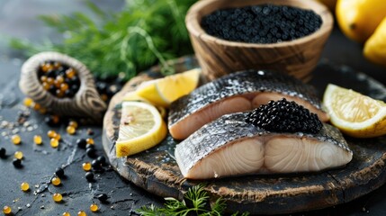 Healthy meal with black caviar sturgeon and fresh stellate sturgeon on rustic background