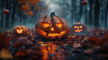 A pumpkin with a scary face is lit up in the dark.