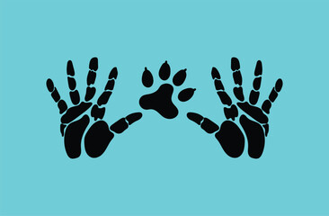 Two hands framing a dog paw on blue background