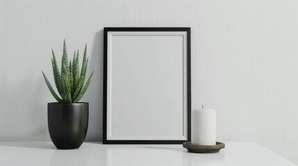 Succulent plant and candle in black frame mockup on white table Portrait orientation