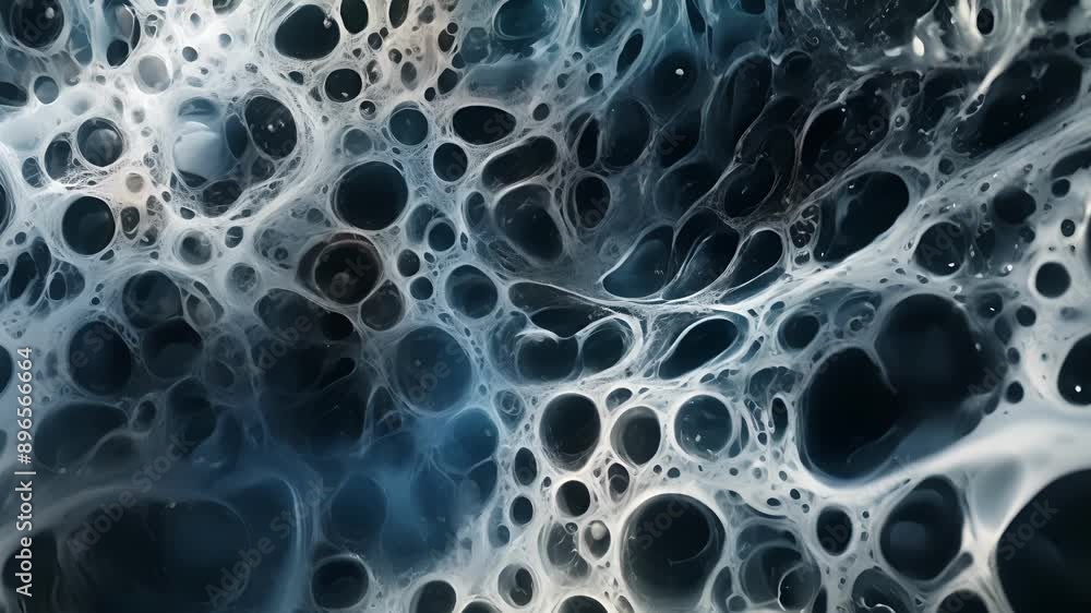 Poster a contrasted image with dark blue and white colors showcasing a complex web of interconnected cells 