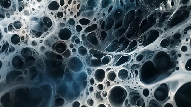 A contrasted image with dark blue and white colors showcasing a complex web of interconnected cells evoking the intricate patterns of frozen water.