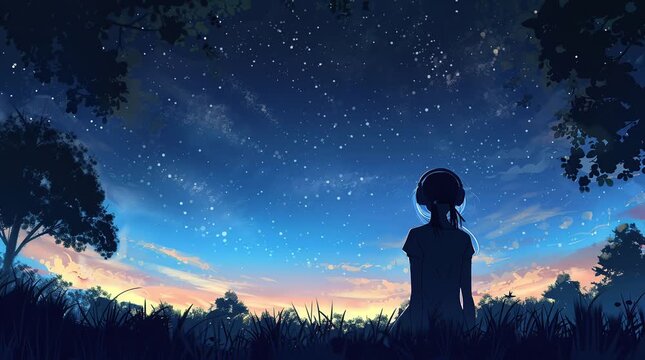 Anime girl standing alone, gazing at the starry sky.
  Seamless looping 4k time-lapse virtual video animation Generated AI