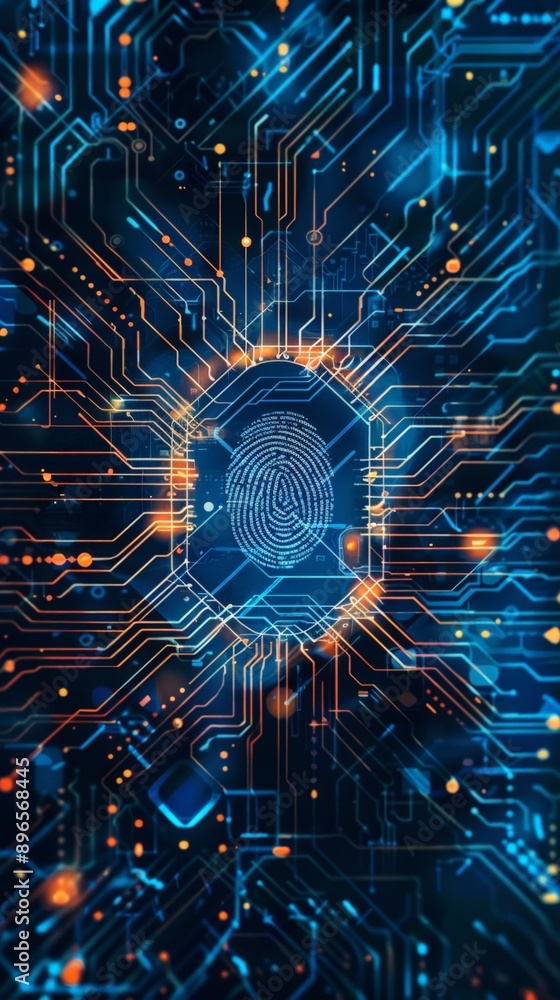 Poster blue circuit board background with biometric scan icon in the center, digital security technology co