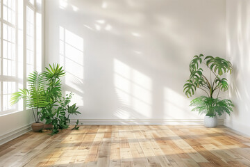 Fototapeta premium Empty white room with a wooden floor and plants.