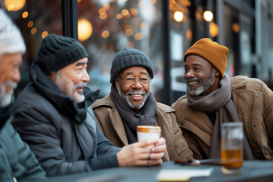 Group of diverse retired senor men enjoying a cup of coffee in outdoor cafe, cold weather, copy space