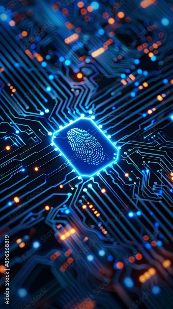 Poster blue circuit board background with biometric scan icon in the center, digital security technology co