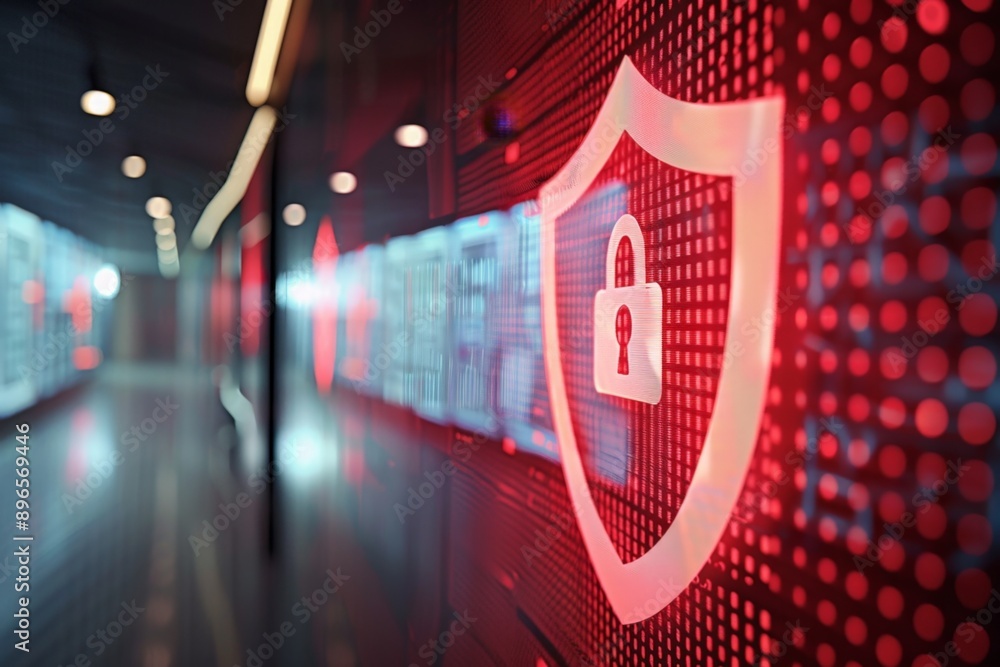 Poster illuminated digital shield icon with a lock, representing cybersecurity in a modern data center.