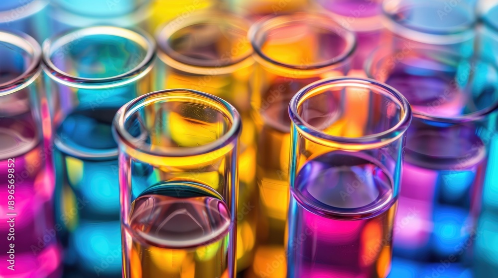 Poster close up high angle view of colorful liquid filled test tubes in a laboratory with space for text