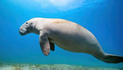 Fototapeta premium Animal concept of a West Indian manatee - Trichechus manatus - swiming under water seen at Three sisters springs in Crystal River, Florida. full side profile view