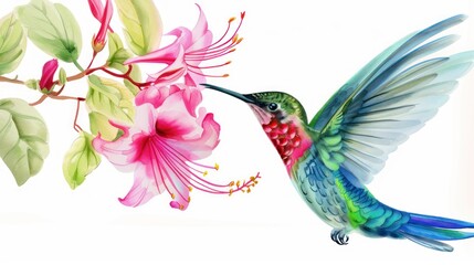 small bird hummingbird on a background of pink flowers and green leaves