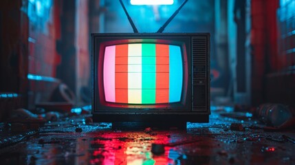 Vintage CRT television with colorful test screen in an abandoned, dimly lit room.
