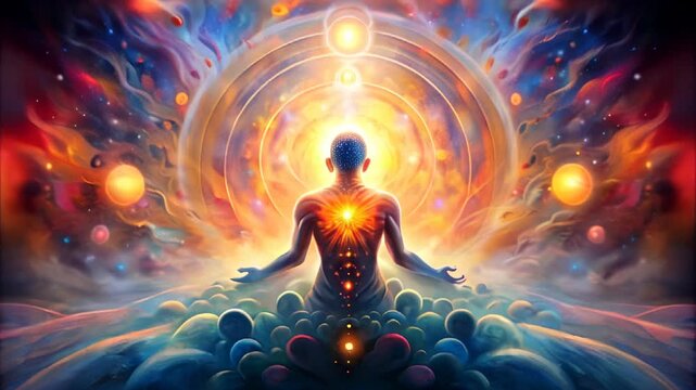 Spiritual Meditation Figure Surrounded by Cosmic Energy, Vibrant Colors