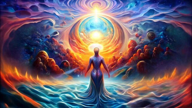 Mythical Figure Under Cosmic Sky, Vibrant Fantasy Landscape