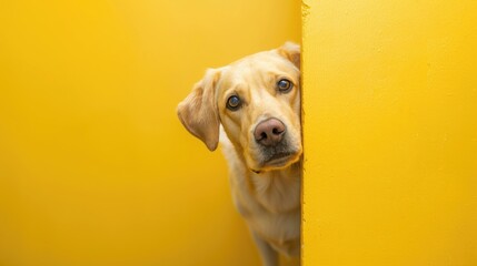 Blond labrador retriever peeks around yellow board corner