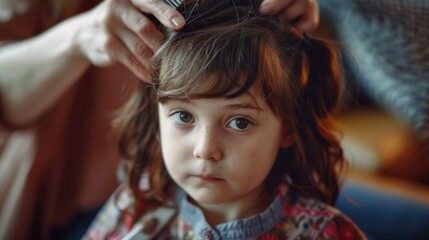 A young girl sits in front of a mirror while someone styles her hair