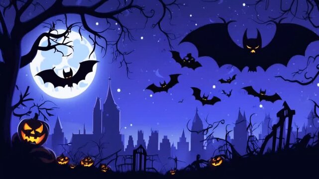 Spooky Halloween night vector with haunted castle, pumpkins, bats, and dark trees