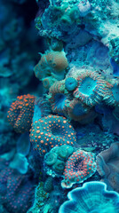 Fototapeta premium A close-up view of vibrant coral polyps in a marine aquarium, background