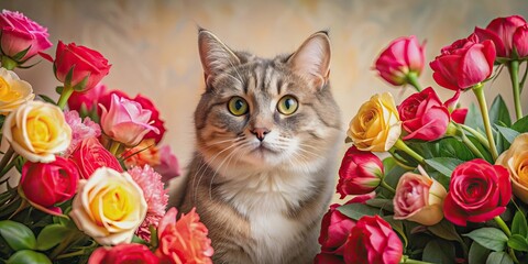 Cat surrounded by beautiful flowers on Valentine's Day , Love, pet, feline, romantic, affection, celebration, bouquet, pink