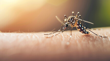 Aedes aegypti or yellow fever mosquito sucking blood on skin,Macro close up show markings on its legs and a marking in the form of a lyre on the upper surface of its thorax