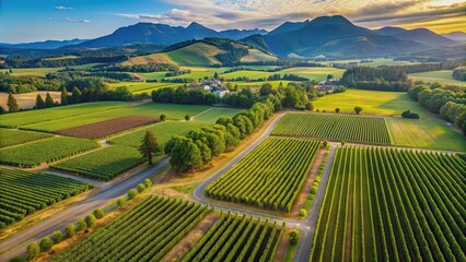 Fototapeta premium Aerial view of lush vineyards in Oregon with mountains in the background, Peak, vineyards, Oregon, aerial view