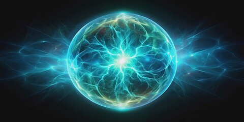 Fototapeta premium Abstract magical orb emitting turquoise plasma energy on a dark background, plasma, energy, sphere, particles, waves, magical