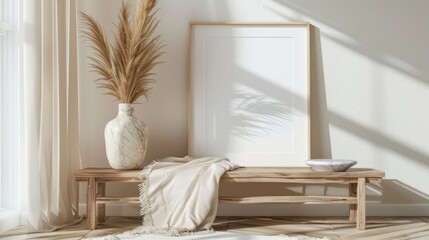 Vintage wooden bench with white frame mockup Contemporary vase with Lagurus ovatus grass and marble tray Beige linen blanket and Scandinavian decor